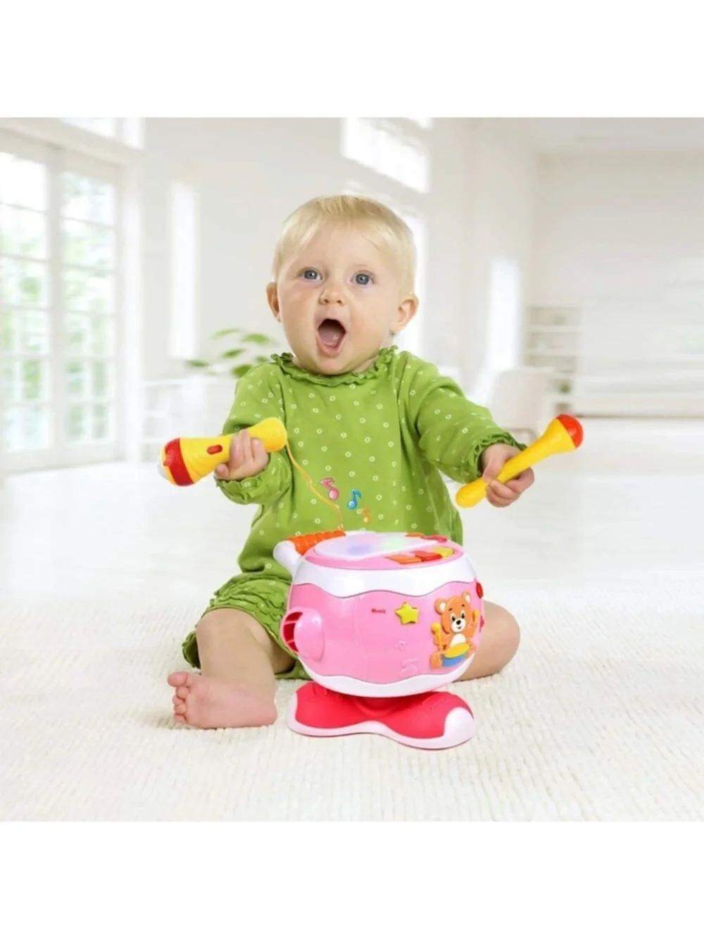Pink Bear Musical Drum Toy with Microphone - Interactive Pink Rhythm Set